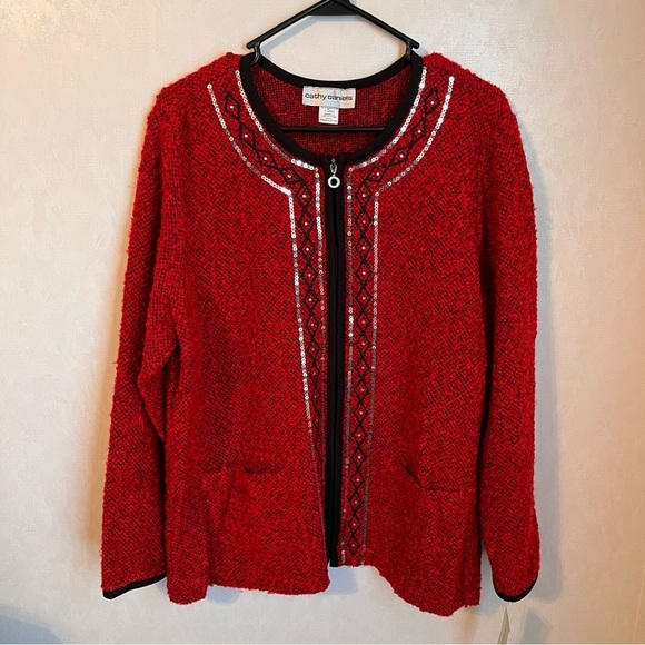 Vintage Cathy Daniels Red Cardigan with Long Sleeves Round Neckline Plus size - Picture 1 of 4